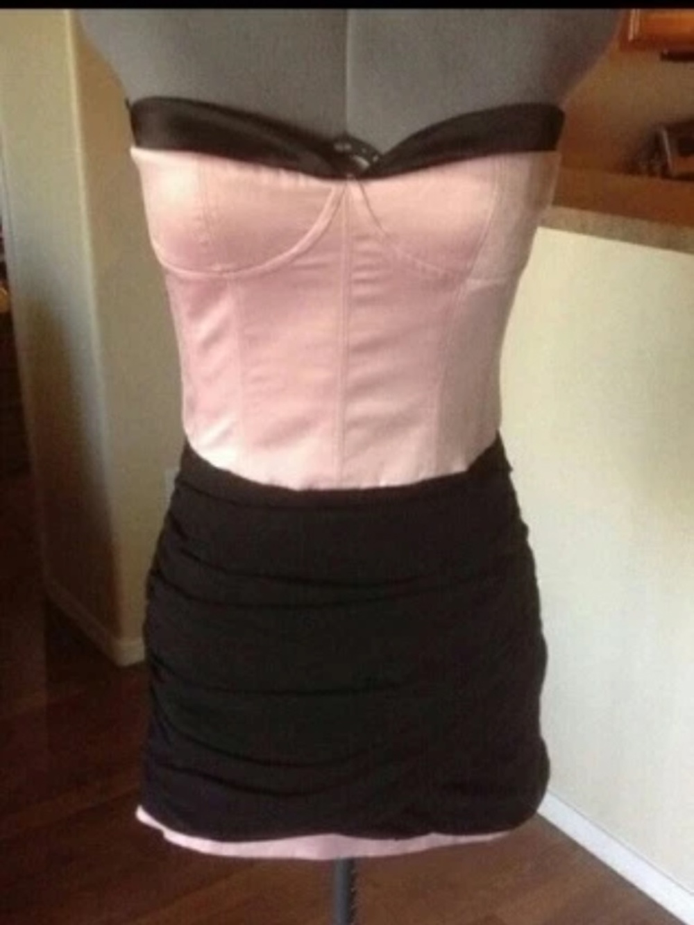 NEW Bebe baby pink black lydia satin ruched strapless bustier top dress S Small - Picture 5 of 7